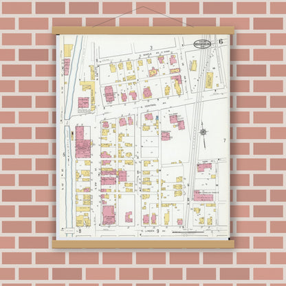Old map wall art mockup — magnetic wood frame on brick wall — Sanborn Fire Insurance Map from Miamisburg, Montgomery County, Ohio (1919), Sheet #0006