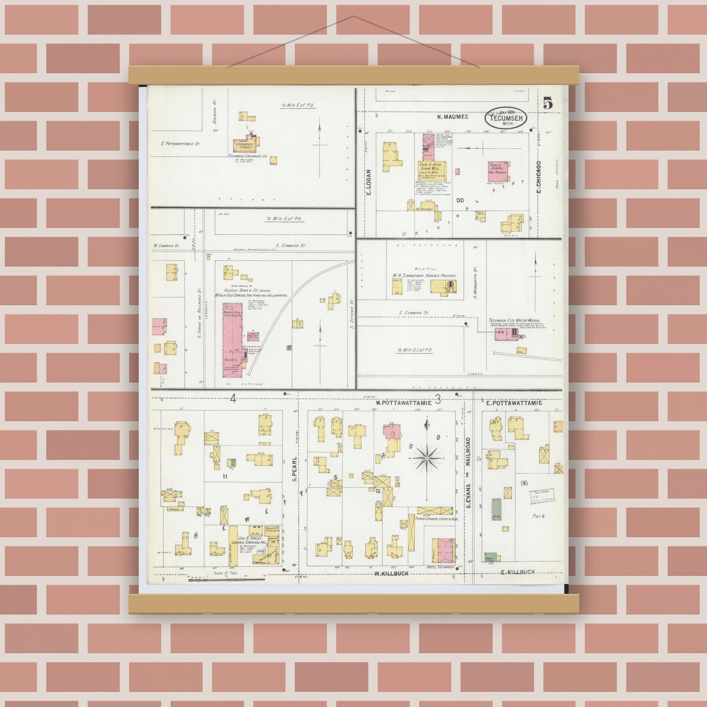 Old map wall art mockup — magnetic wood frame on brick wall — Sanborn Fire Insurance Map from Tecumseh, Lenawee County, Michigan (1899), Sheet #0005