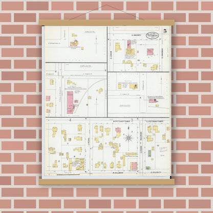 Old map wall art mockup — magnetic wood frame on brick wall — Sanborn Fire Insurance Map from Tecumseh, Lenawee County, Michigan (1899), Sheet #0005