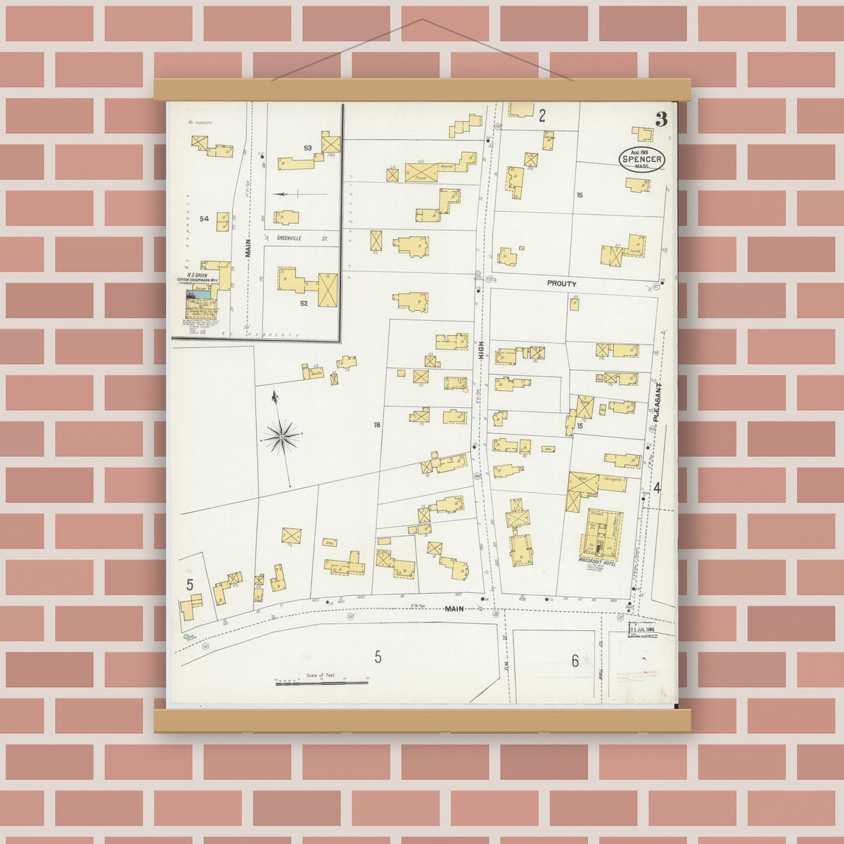 Old map wall art mockup — magnetic wood frame on brick wall — Sanborn Fire Insurance Map from Spencer, Worcester County, Massachusetts (1901), Sheet #0003