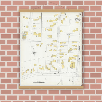 Old map wall art mockup — magnetic wood frame on brick wall — Sanborn Fire Insurance Map from Spencer, Worcester County, Massachusetts (1901), Sheet #0003