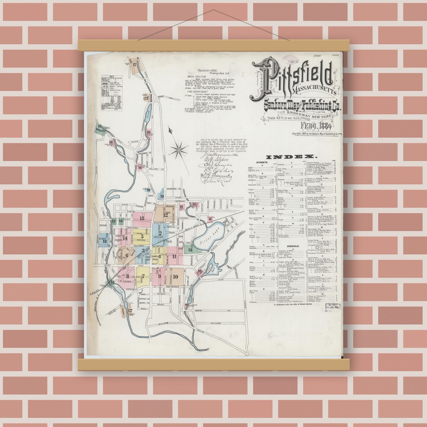 Old map wall art mockup — magnetic wood frame on brick wall — Sanborn Fire Insurance Map from Pittsfield, Berkshire County, Massachusetts (1889), Sheet #0001