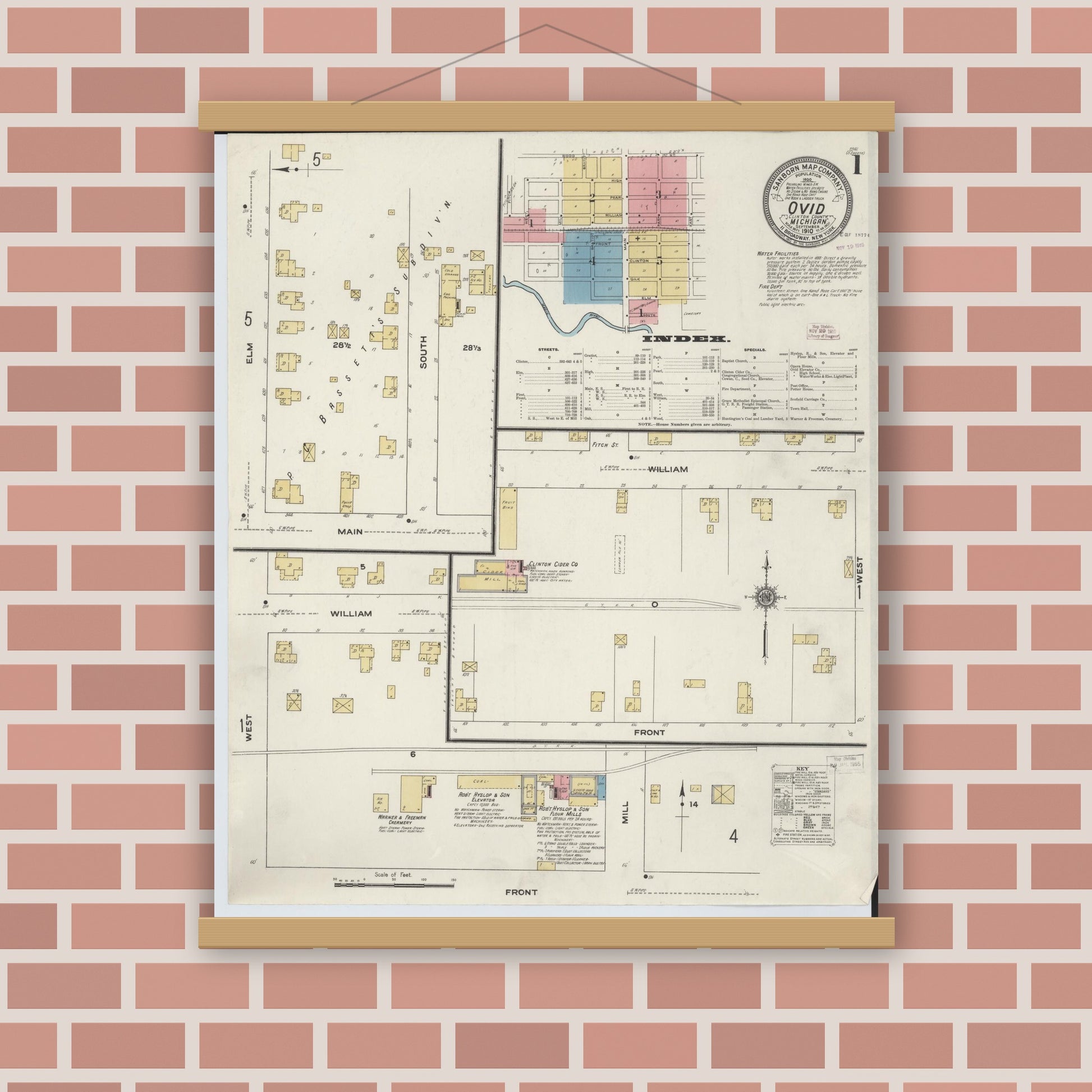 Old map wall art mockup — magnetic wood frame on brick wall — Sanborn Fire Insurance Map from Ovid, Clinton County, Michigan (1910) - Complete Map Set