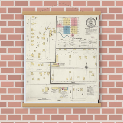Old map wall art mockup — magnetic wood frame on brick wall — Sanborn Fire Insurance Map from Ovid, Clinton County, Michigan (1910) - Complete Map Set