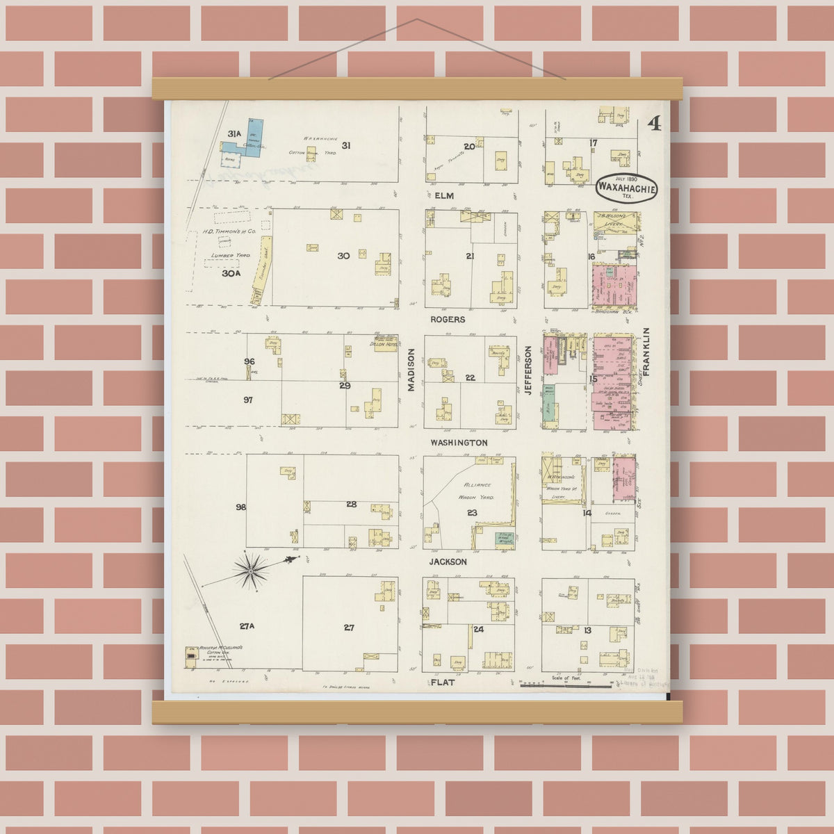 Old map wall art mockup — magnetic wood frame on brick wall — Sanborn Fire Insurance Map from Waxahachie, Ellis County, Texas (1890), Sheet #0004