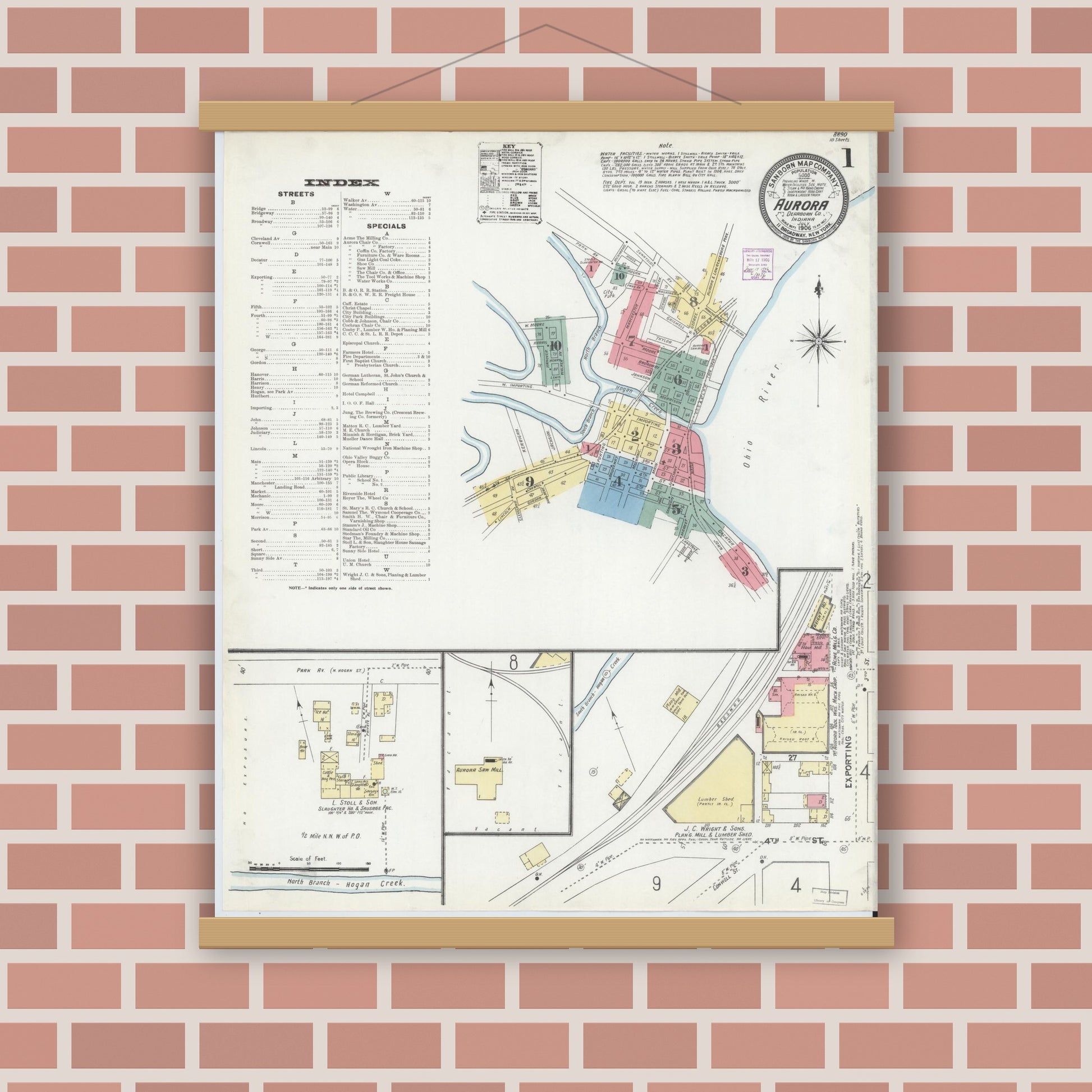 Old map wall art mockup — magnetic wood frame on brick wall — Sanborn Fire Insurance Map from Aurora, Dearborn County, Indiana (1906), Sheet #0001