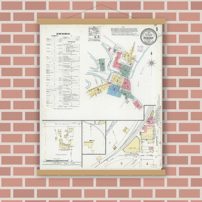 Old map wall art mockup — magnetic wood frame on brick wall — Sanborn Fire Insurance Map from Aurora, Dearborn County, Indiana (1906), Sheet #0001