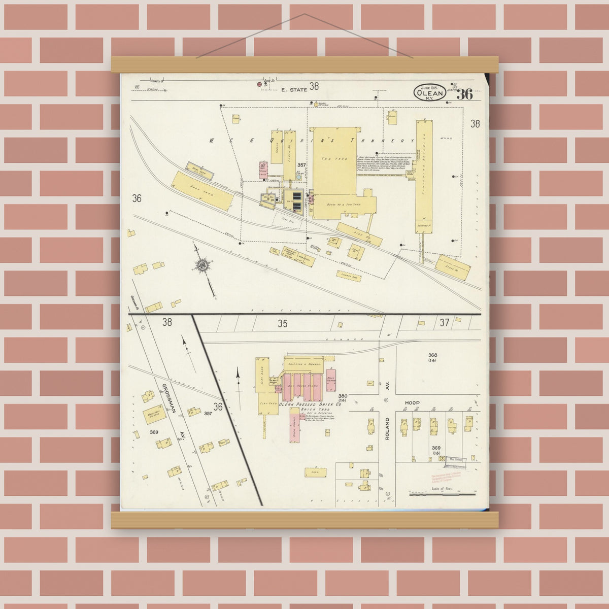 Old map wall art mockup — magnetic wood frame on brick wall — Sanborn Fire Insurance Map from Olean, Cattaraugus County, New York (1915), Sheet #0036