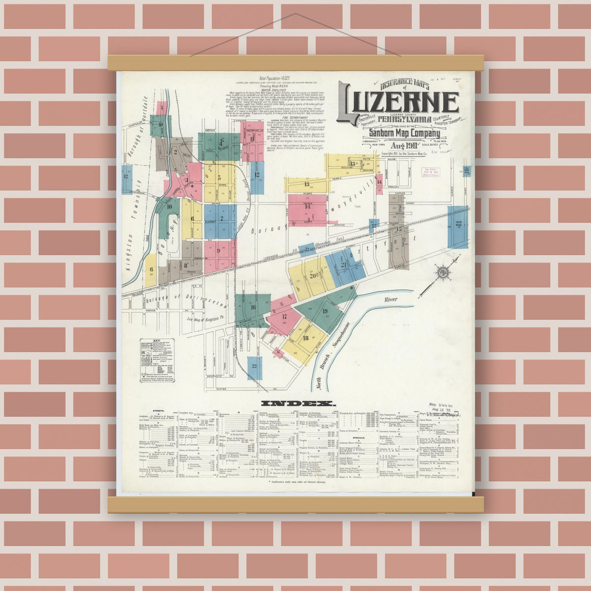 Old map wall art mockup — magnetic wood frame on brick wall — Sanborn Fire Insurance Map from Luzerne, Luzerne County, Pennsylvania (1911), Sheet #0001