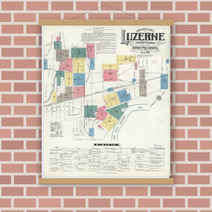 Old map wall art mockup — magnetic wood frame on brick wall — Sanborn Fire Insurance Map from Luzerne, Luzerne County, Pennsylvania (1911), Sheet #0001