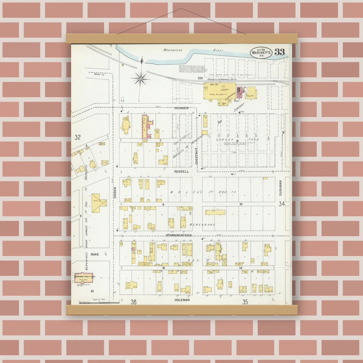 Old map wall art mockup — magnetic wood frame on brick wall — Sanborn Fire Insurance Map from Marinette, Marinette County, Wisconsin (1901), Sheet #0033