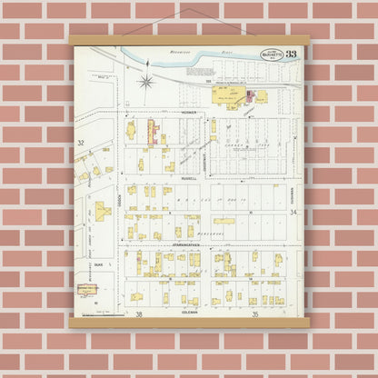 Old map wall art mockup — magnetic wood frame on brick wall — Sanborn Fire Insurance Map from Marinette, Marinette County, Wisconsin (1901), Sheet #0033