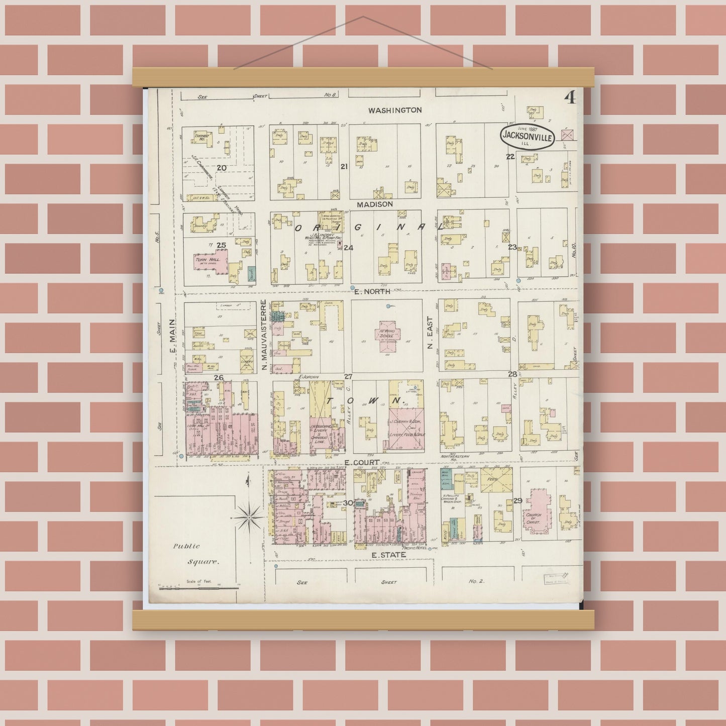 Old map wall art mockup — magnetic wood frame on brick wall — Sanborn Fire Insurance Map from Jacksonville, Morgan County, Illinois (1887), Sheet #0004