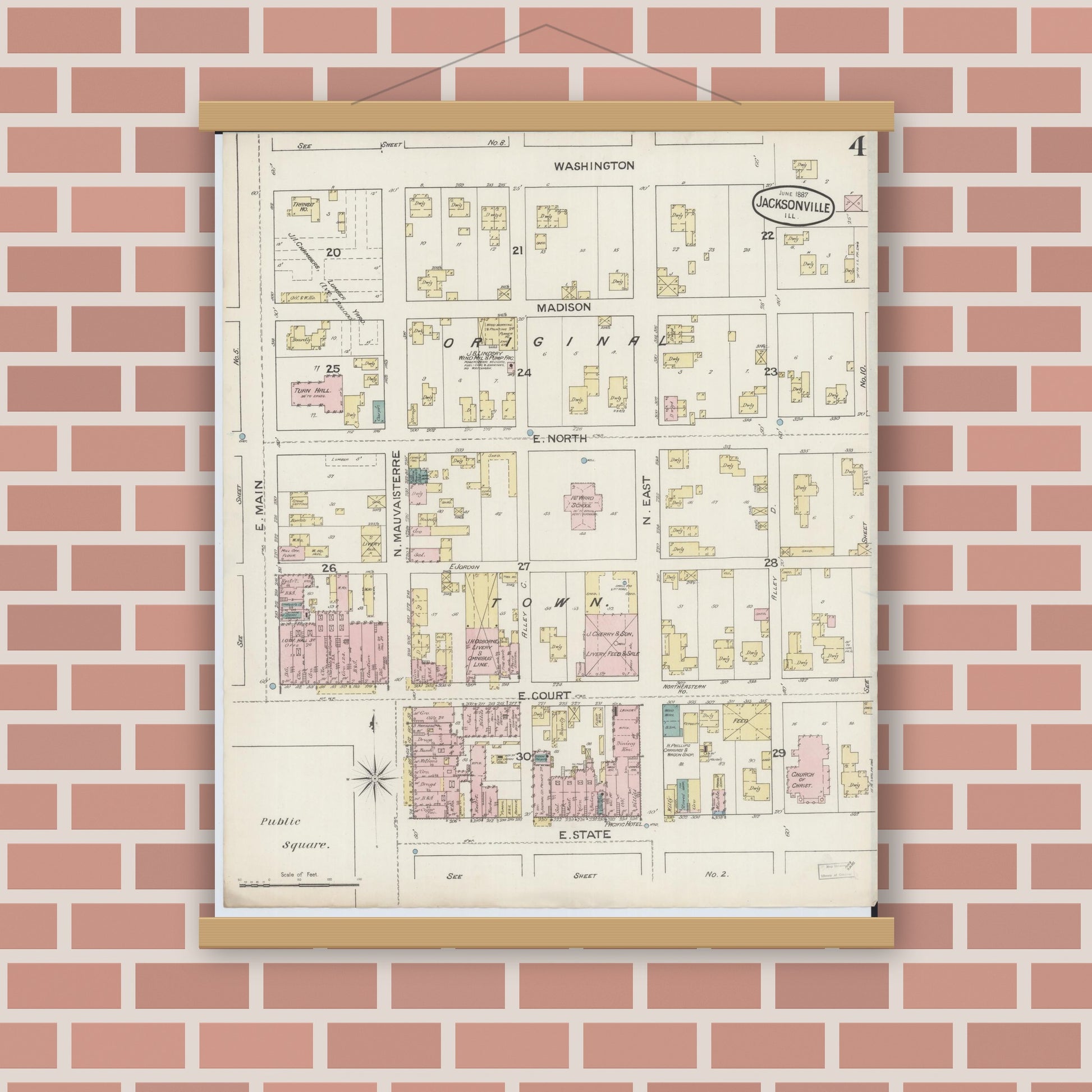 Old map wall art mockup — magnetic wood frame on brick wall — Sanborn Fire Insurance Map from Jacksonville, Morgan County, Illinois (1887), Sheet #0004