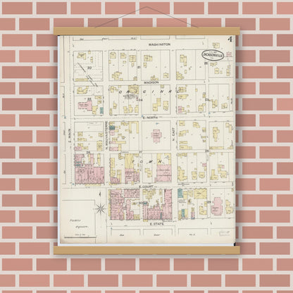 Old map wall art mockup — magnetic wood frame on brick wall — Sanborn Fire Insurance Map from Jacksonville, Morgan County, Illinois (1887), Sheet #0004