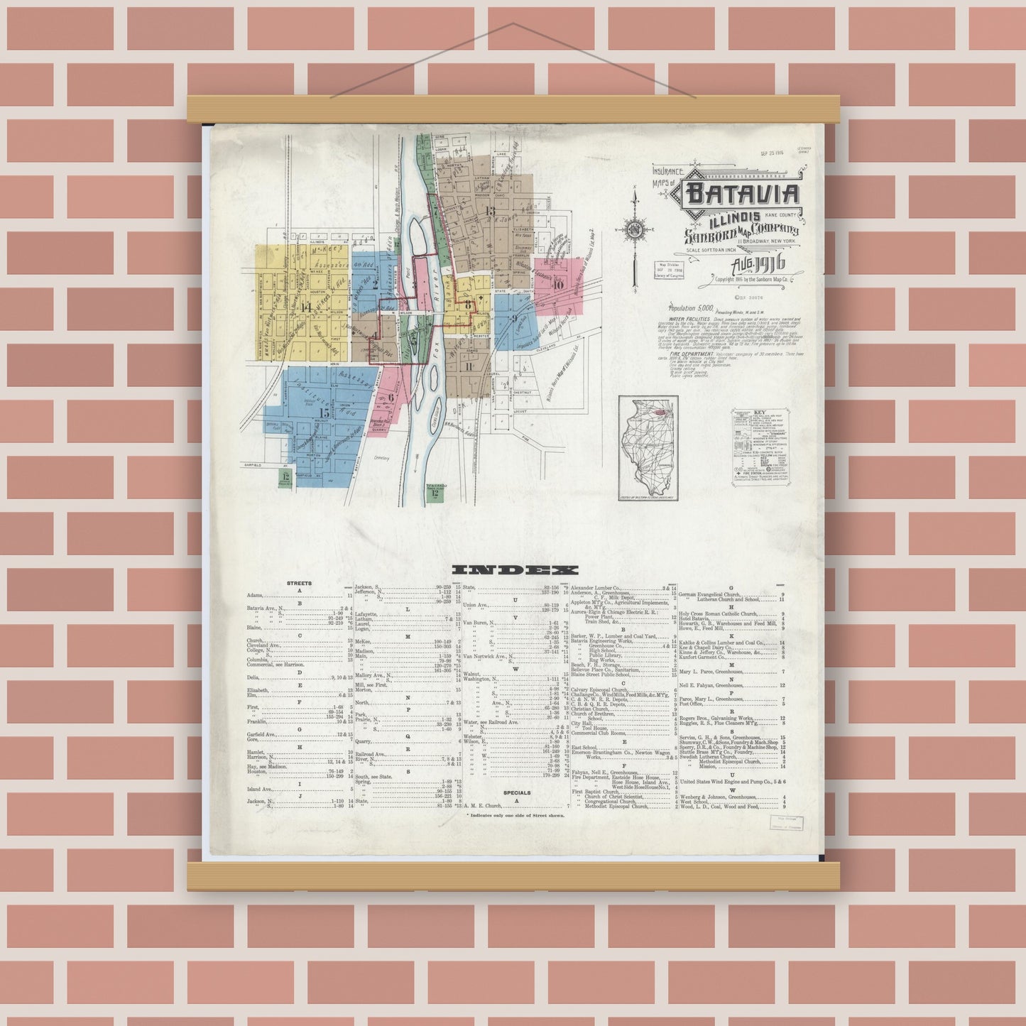 Old map wall art mockup — magnetic wood frame on brick wall — Sanborn Fire Insurance Map from Batavia, Kane County, Illinois (1916) - Complete Map Set