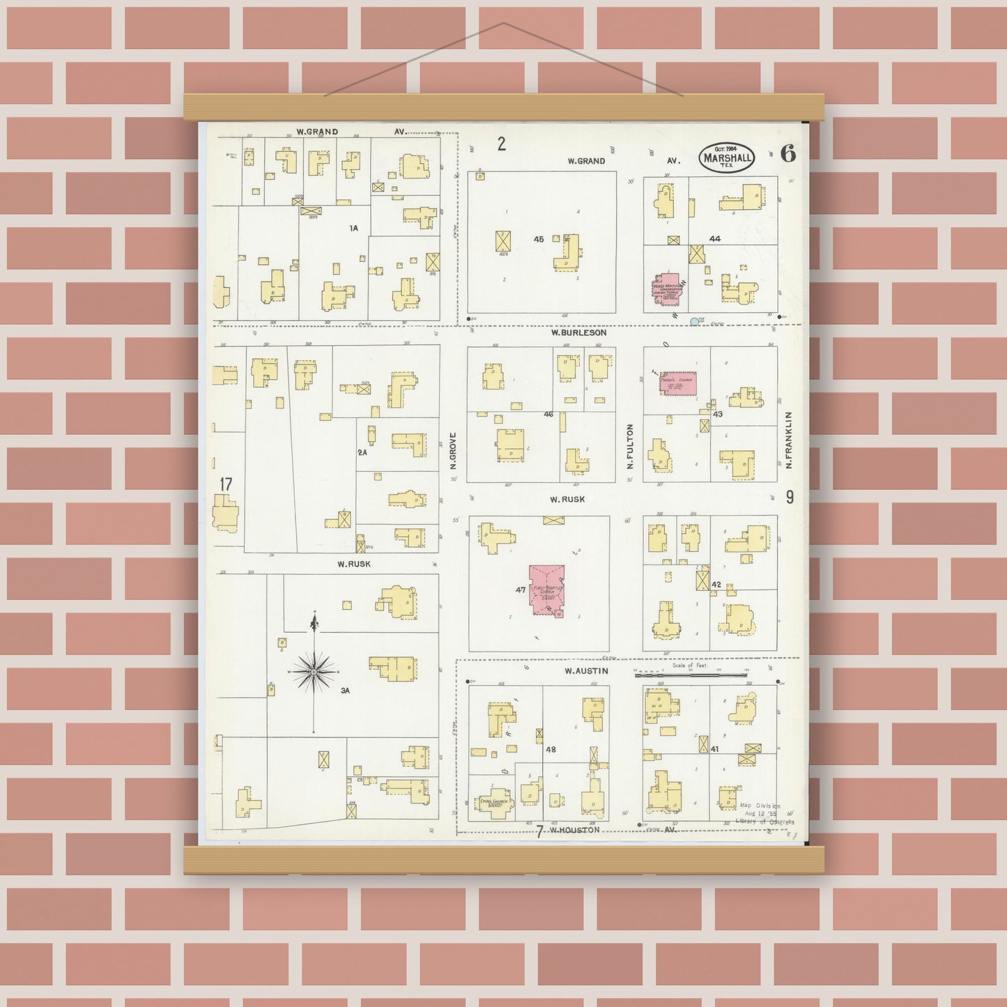 Old map wall art mockup — magnetic wood frame on brick wall — Sanborn Fire Insurance Map from Marshall, Harrison County, Texas (1904), Sheet #0006