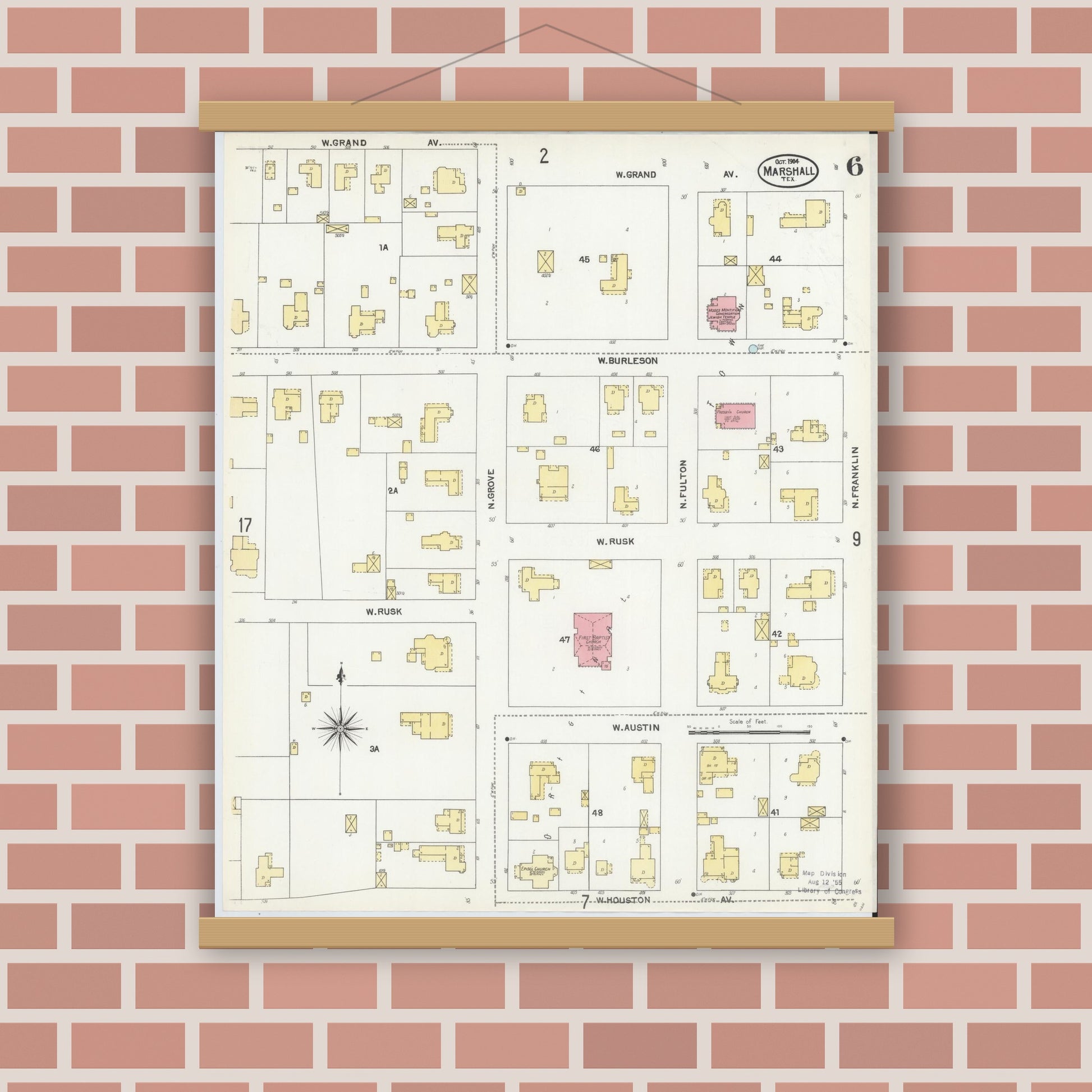 Old map wall art mockup — magnetic wood frame on brick wall — Sanborn Fire Insurance Map from Marshall, Harrison County, Texas (1904), Sheet #0006