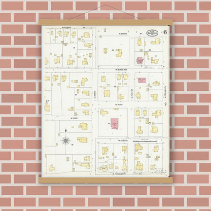 Old map wall art mockup — magnetic wood frame on brick wall — Sanborn Fire Insurance Map from Marshall, Harrison County, Texas (1904), Sheet #0006