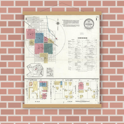 Old map wall art mockup — magnetic wood frame on brick wall — Sanborn Fire Insurance Map from Coleman, Coleman County, Texas (1923), Sheet #0001