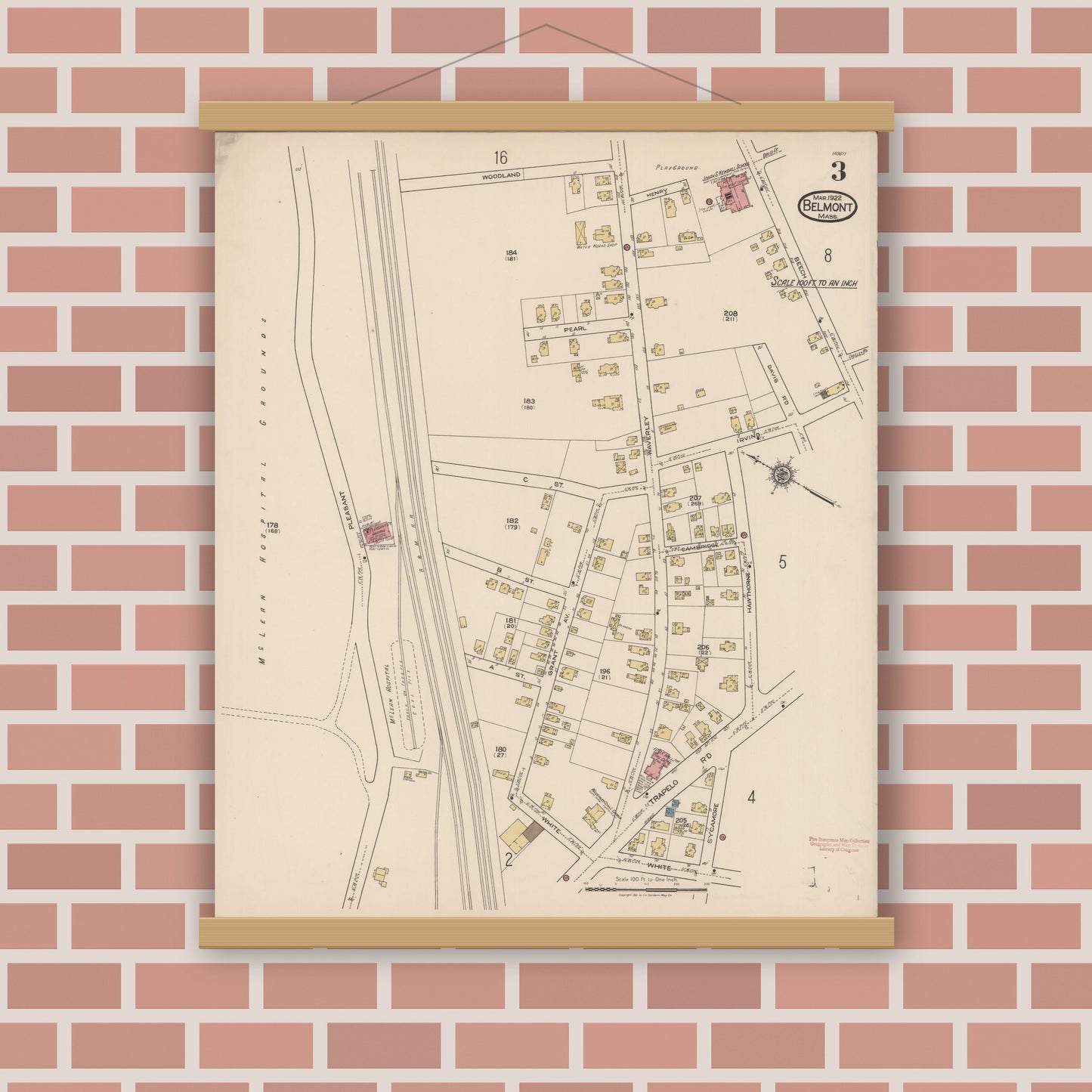 Old map wall art mockup — magnetic wood frame on brick wall — Sanborn Fire Insurance Map from Belmont, Middlesex County, Massachusetts (1922), Sheet #0003