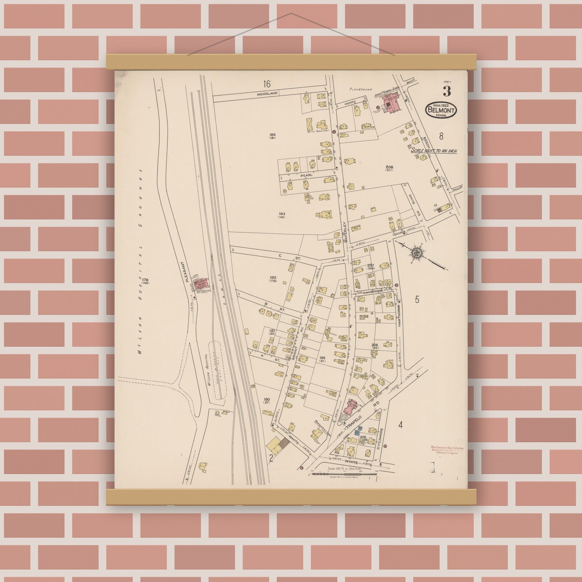 Old map wall art mockup — magnetic wood frame on brick wall — Sanborn Fire Insurance Map from Belmont, Middlesex County, Massachusetts (1922), Sheet #0003