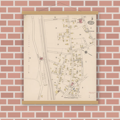 Old map wall art mockup — magnetic wood frame on brick wall — Sanborn Fire Insurance Map from Belmont, Middlesex County, Massachusetts (1922), Sheet #0003