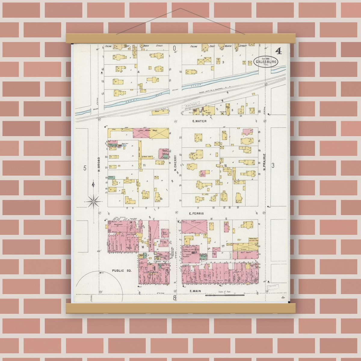 Old map wall art mockup — magnetic wood frame on brick wall — Sanborn Fire Insurance Map from Galesburg, Knox County, Illinois (1898), Sheet #0004