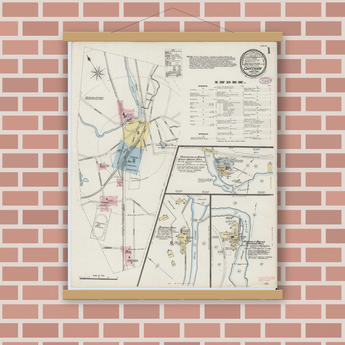 Old map wall art mockup — magnetic wood frame on brick wall — Sanborn Fire Insurance Map from Chatham, Columbia County, New York (1886) - Complete Map Set