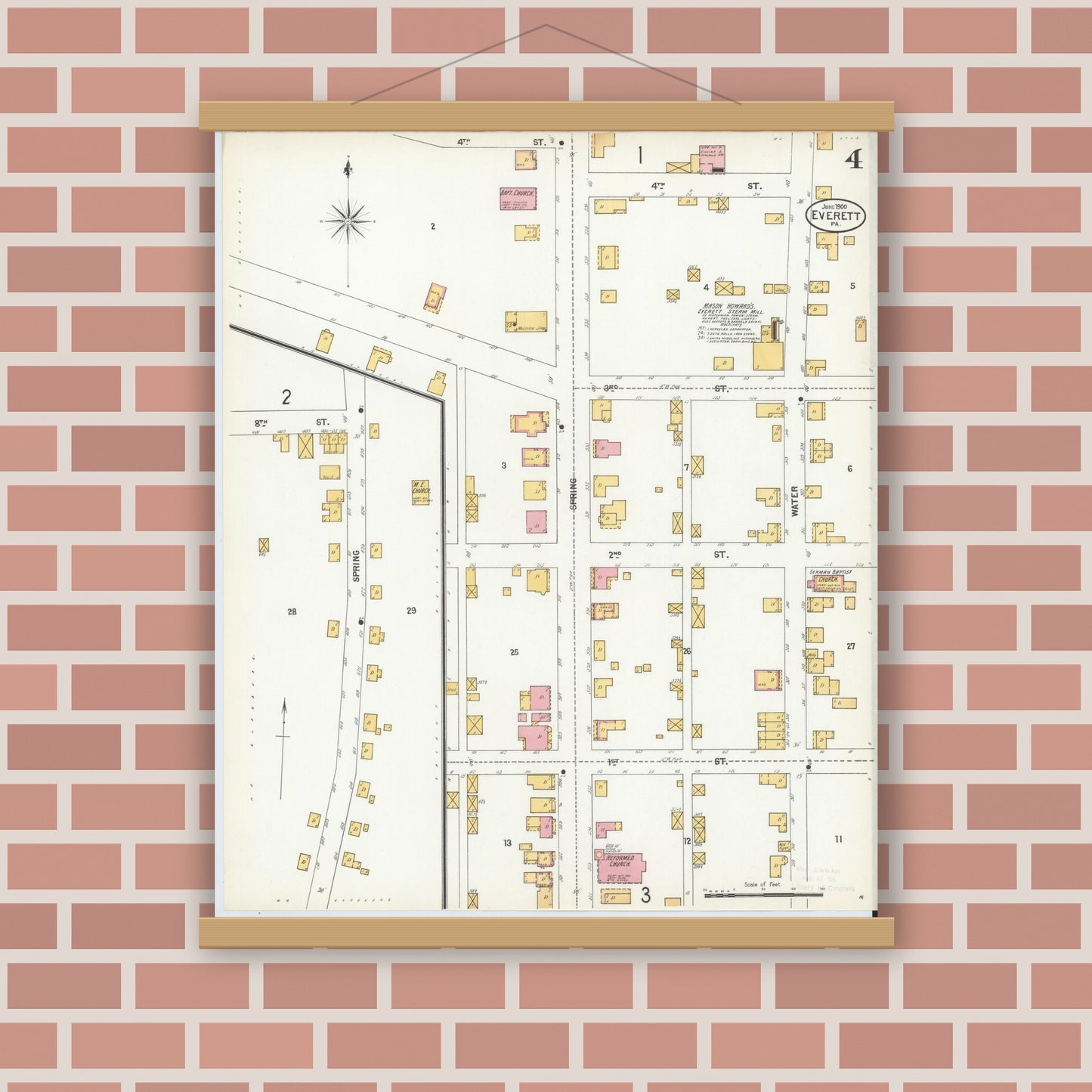 Old map wall art mockup — magnetic wood frame on brick wall — Sanborn Fire Insurance Map from Everett, Bedford County, Pennsylvania (1900), Sheet #0004