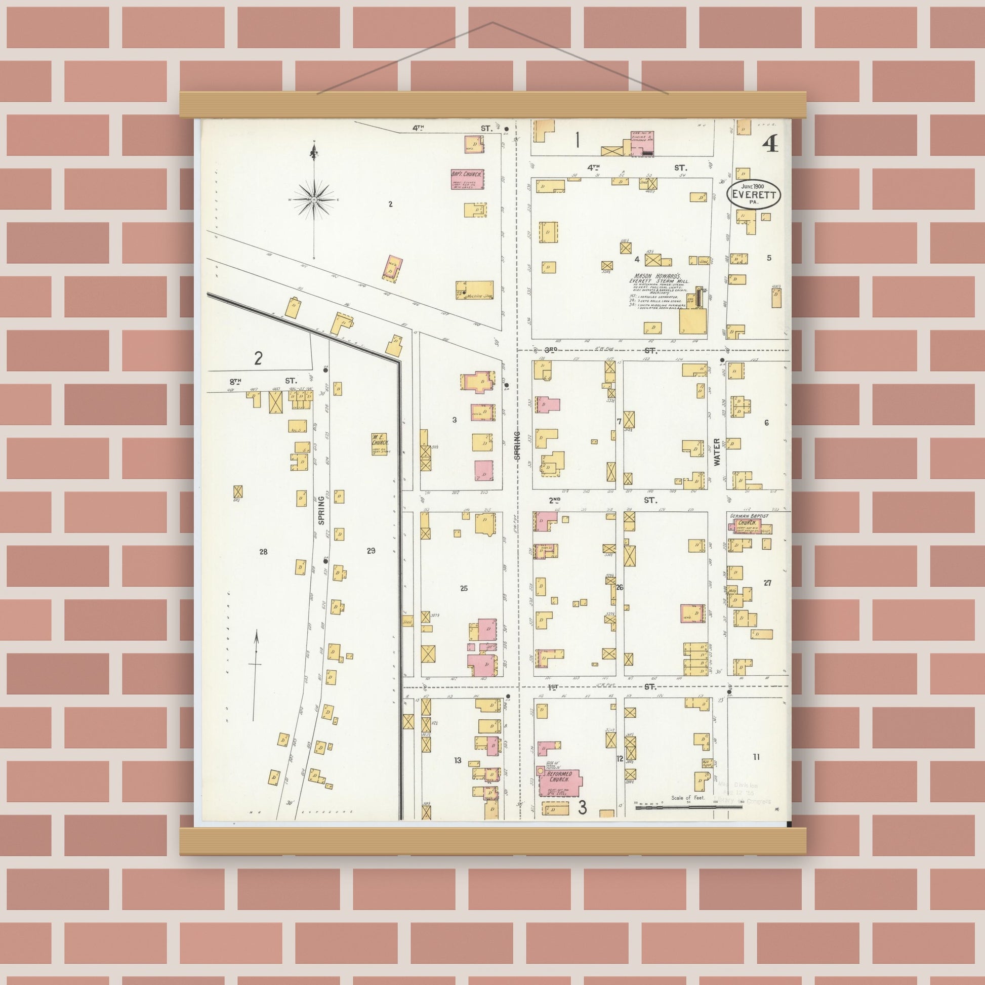 Old map wall art mockup — magnetic wood frame on brick wall — Sanborn Fire Insurance Map from Everett, Bedford County, Pennsylvania (1900), Sheet #0004