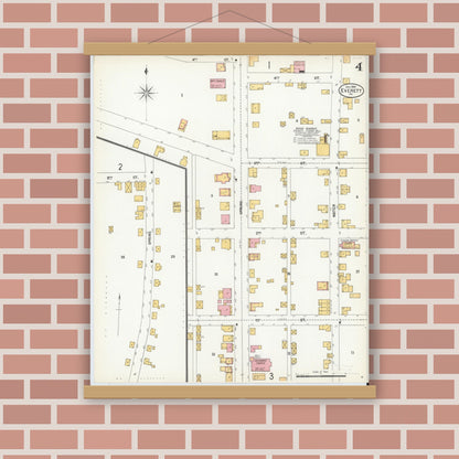 Old map wall art mockup — magnetic wood frame on brick wall — Sanborn Fire Insurance Map from Everett, Bedford County, Pennsylvania (1900), Sheet #0004