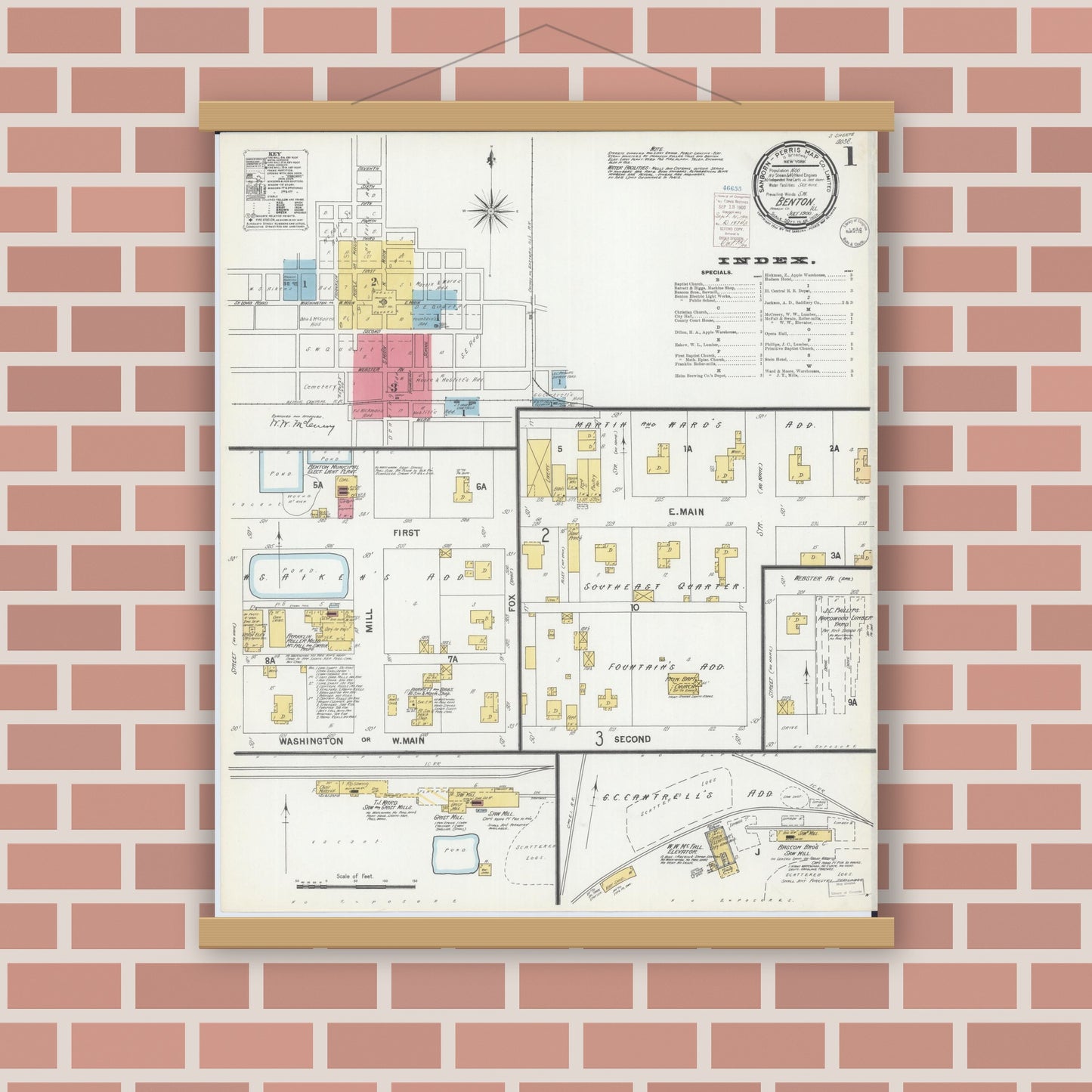 Old map wall art mockup — magnetic wood frame on brick wall — Sanborn Fire Insurance Map from Benton, Franklin County, Illinois (1900) - Complete Map Set