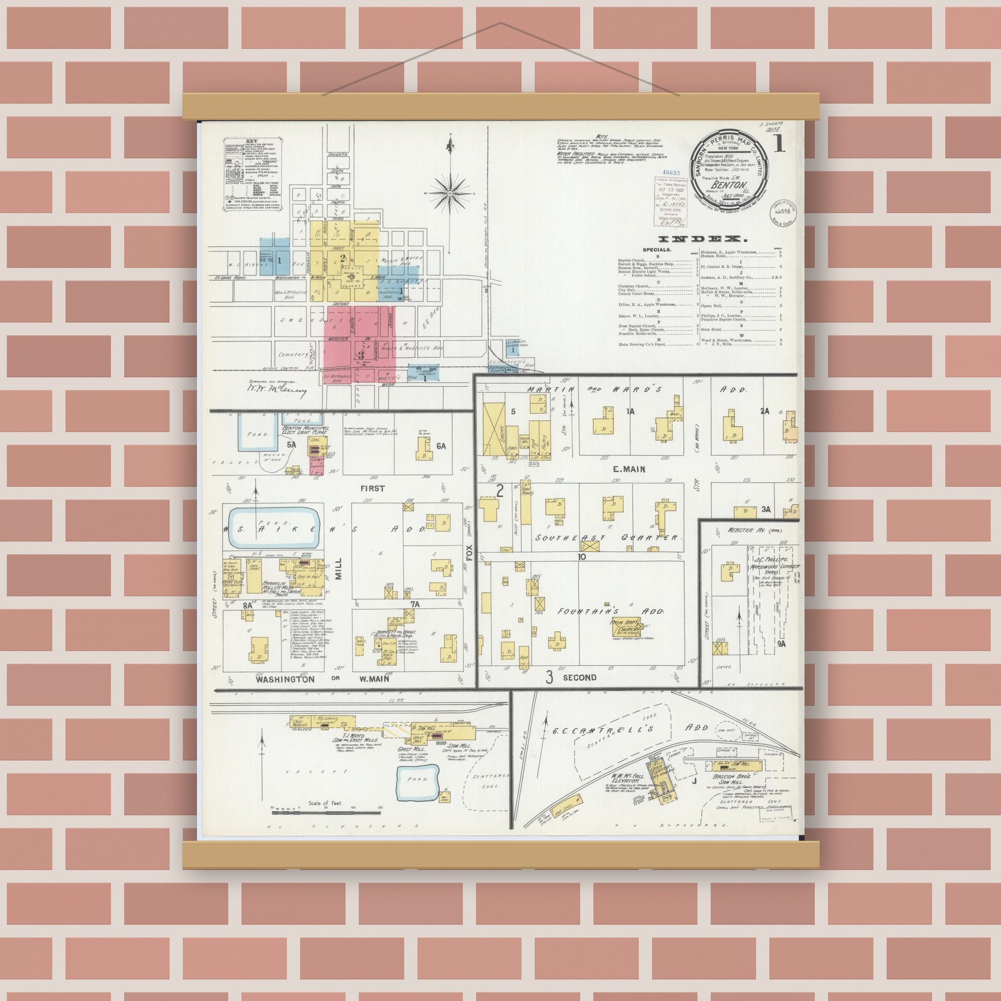 Old map wall art mockup — magnetic wood frame on brick wall — Sanborn Fire Insurance Map from Benton, Franklin County, Illinois (1900) - Complete Map Set