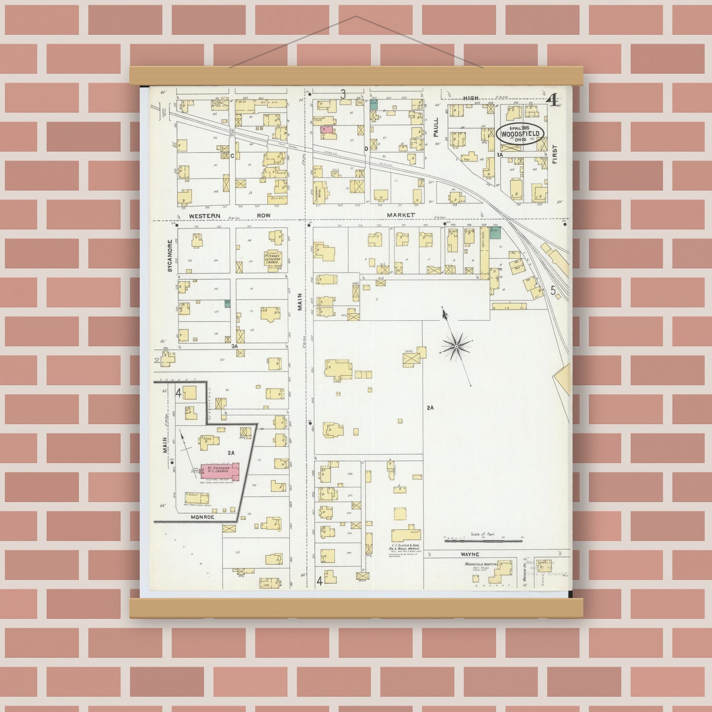 Old map wall art mockup — magnetic wood frame on brick wall — Sanborn Fire Insurance Map from Woodsfield, Monroe County, Ohio (1905), Sheet #0004