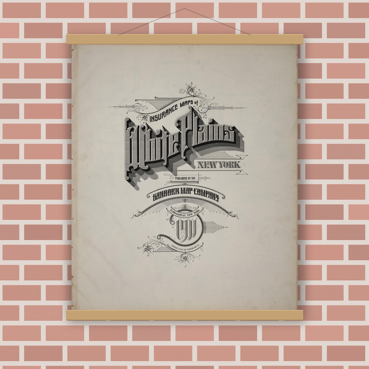 Old map wall art mockup — magnetic wood frame on brick wall — Sanborn Fire Insurance Map from White Plains, Westchester County, New York (1911), Sheet #0001