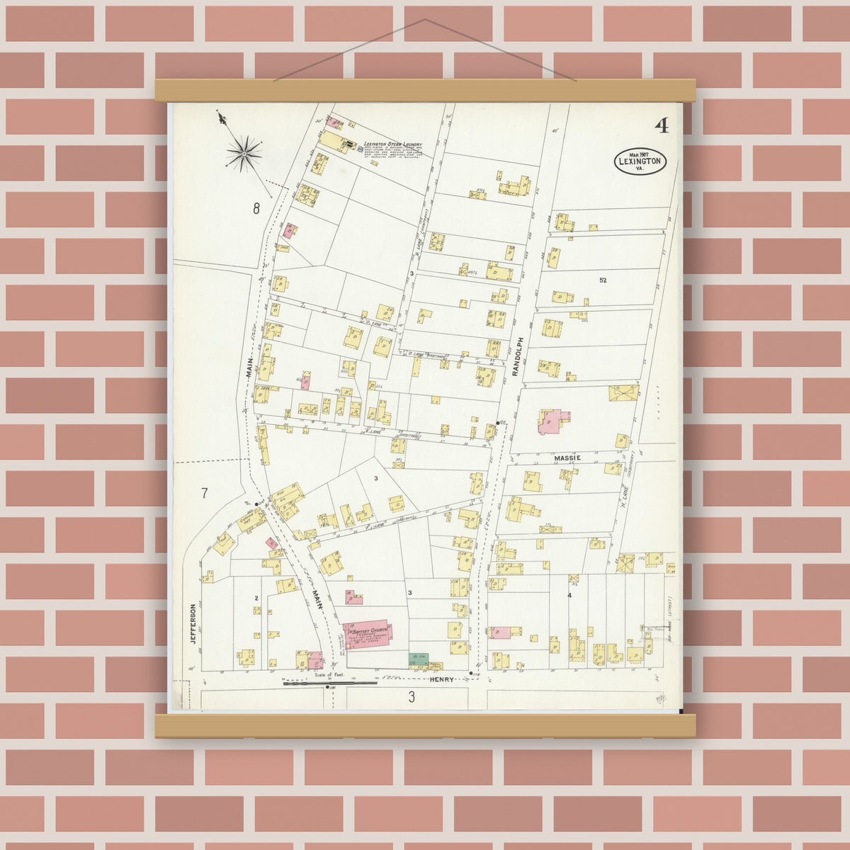 Old map wall art mockup — magnetic wood frame on brick wall — Sanborn Fire Insurance Map from Lexington, Independent Cities, Virginia (1907), Sheet #0004