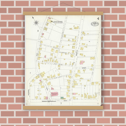 Old map wall art mockup — magnetic wood frame on brick wall — Sanborn Fire Insurance Map from Lexington, Independent Cities, Virginia (1907), Sheet #0004