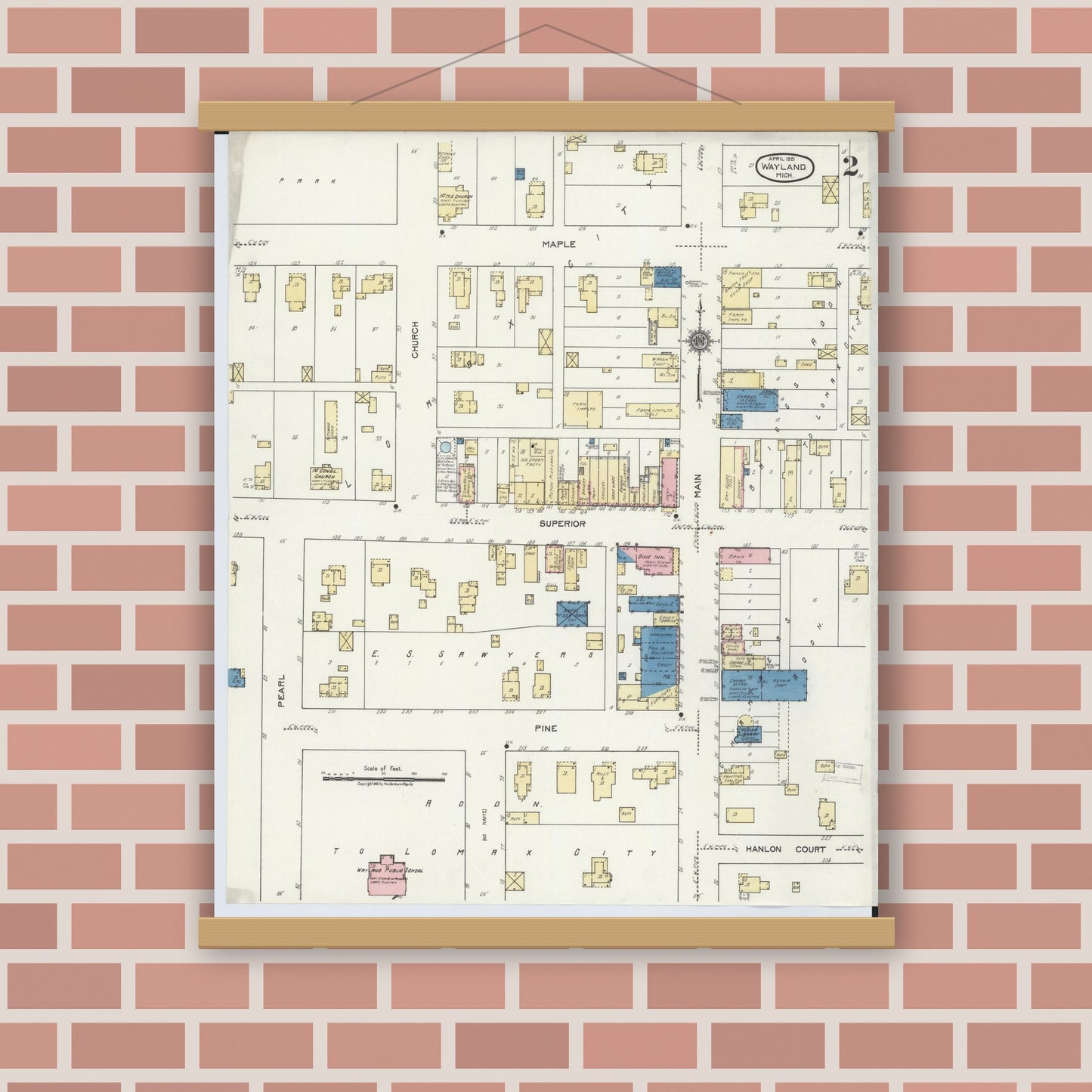 Old map wall art mockup — magnetic wood frame on brick wall — Sanborn Fire Insurance Map from Wayland, Allegan County, Michigan (1921), Sheet #0002