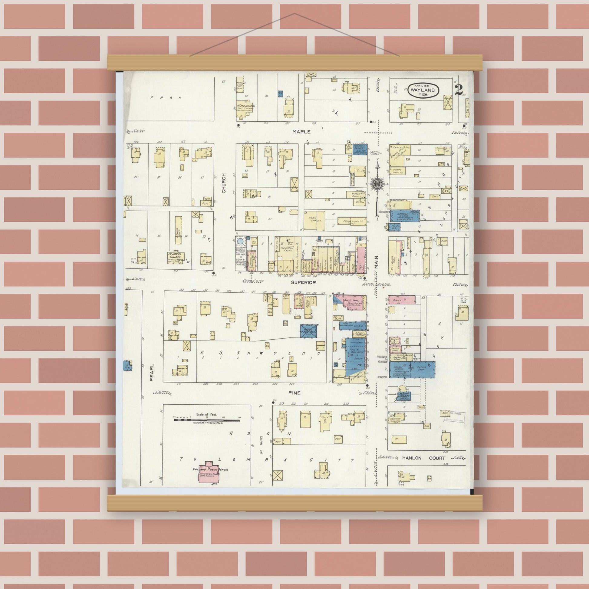 Old map wall art mockup — magnetic wood frame on brick wall — Sanborn Fire Insurance Map from Wayland, Allegan County, Michigan (1921), Sheet #0002