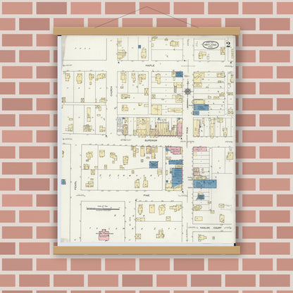 Old map wall art mockup — magnetic wood frame on brick wall — Sanborn Fire Insurance Map from Wayland, Allegan County, Michigan (1921), Sheet #0002