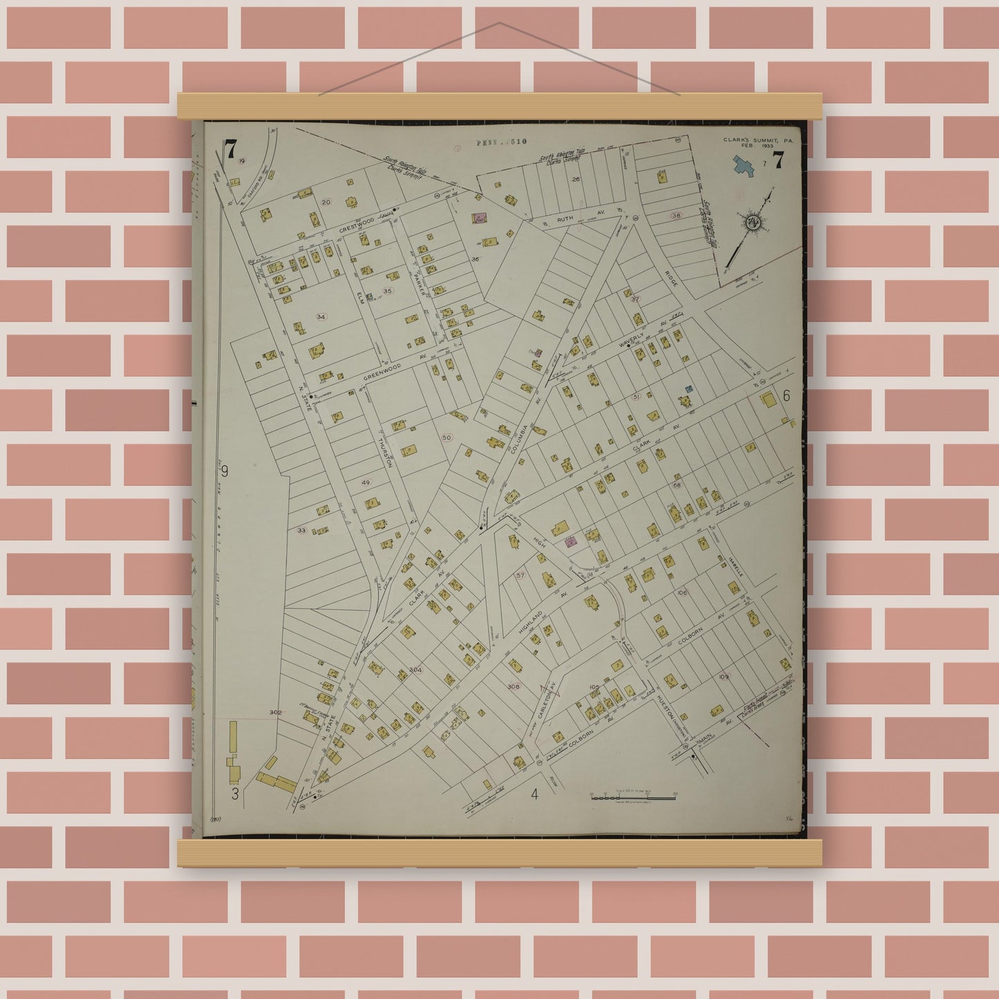 Old map wall art mockup — magnetic wood frame on brick wall — Sanborn Fire Insurance Map from Clark's Summit, Lackawanna County, Pennsylvania (1942), Sheet #0007