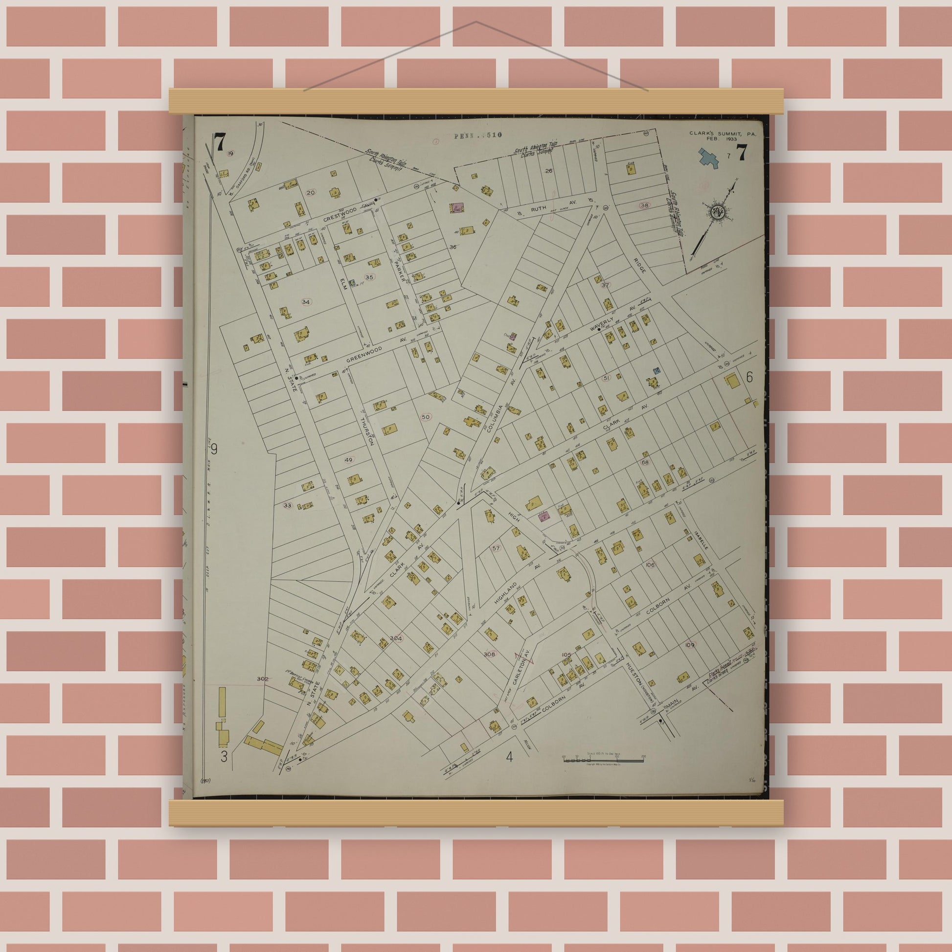 Old map wall art mockup — magnetic wood frame on brick wall — Sanborn Fire Insurance Map from Clark's Summit, Lackawanna County, Pennsylvania (1942), Sheet #0007