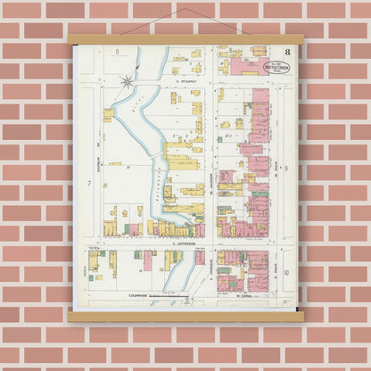 Old map wall art mockup — magnetic wood frame on brick wall — Sanborn Fire Insurance Map from Battle Creek, Calhoun County, Michigan (1899), Sheet #0008