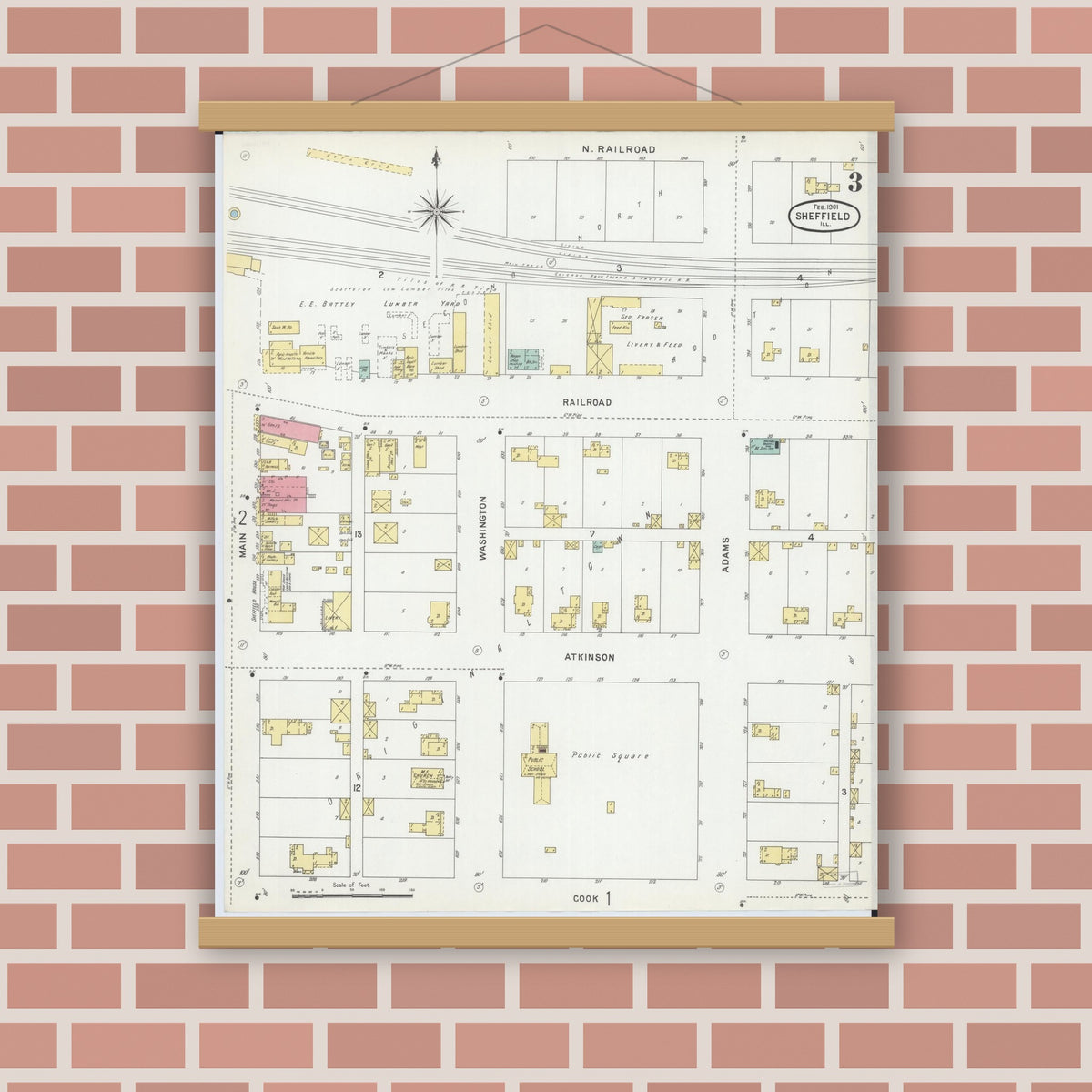 Old map wall art mockup — magnetic wood frame on brick wall — Sanborn Fire Insurance Map from Sheffield, Bureau County, Illinois (1901), Sheet #0003