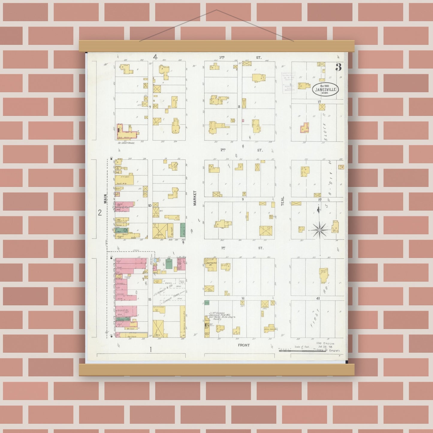 Old map wall art mockup — magnetic wood frame on brick wall — Sanborn Fire Insurance Map from Janesville, Waseca County, Minnesota (1900), Sheet #0003