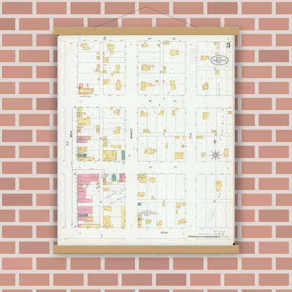 Old map wall art mockup — magnetic wood frame on brick wall — Sanborn Fire Insurance Map from Janesville, Waseca County, Minnesota (1900), Sheet #0003
