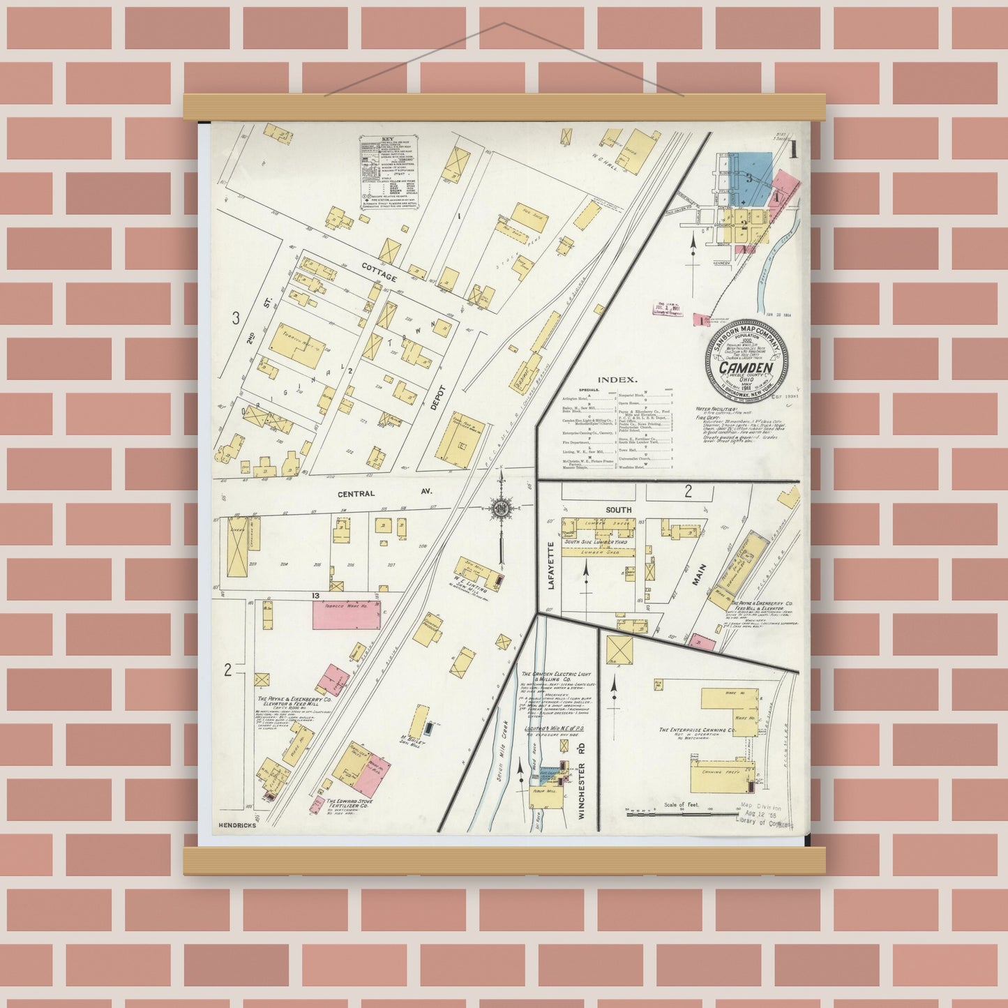 Old map wall art mockup — magnetic wood frame on brick wall — Sanborn Fire Insurance Map from Camden, Preble County, Ohio (1911), Sheet #0001