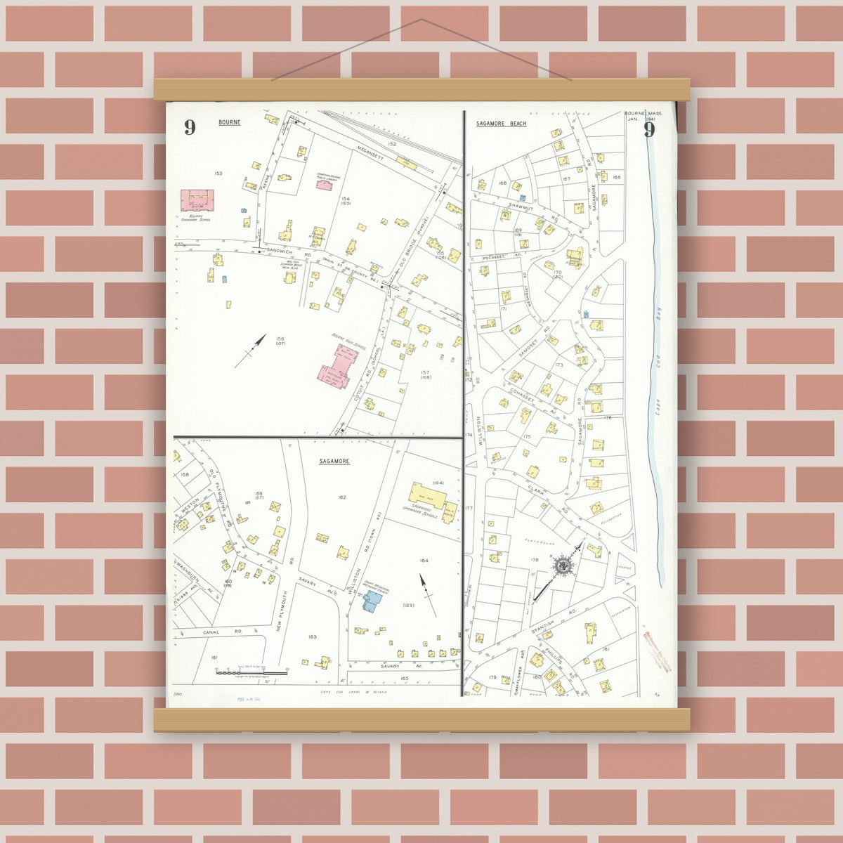 Old map wall art mockup — magnetic wood frame on brick wall — Sanborn Fire Insurance Map from Bourne, Barnstable County, Massachusetts (1941), Sheet #0009