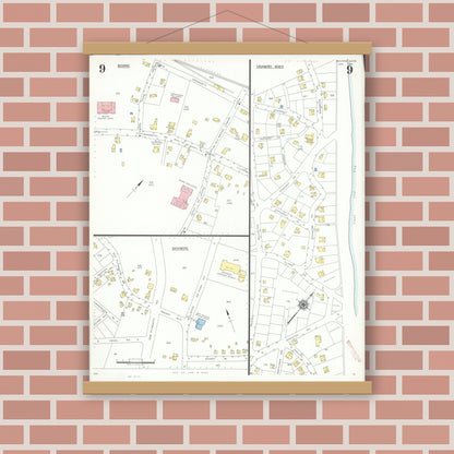 Old map wall art mockup — magnetic wood frame on brick wall — Sanborn Fire Insurance Map from Bourne, Barnstable County, Massachusetts (1941), Sheet #0009